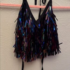 iHeartRaves Black Holographic Sequin Halter Top